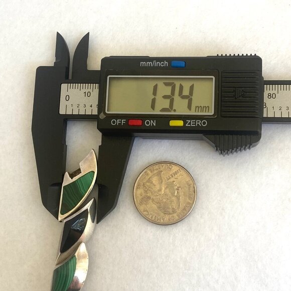 VTG 950 Silver Heavy Taxco Mexico Modernist Style Malachite Onyx Link Bracelet - Picture 13 of 16